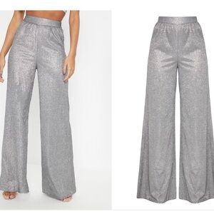 PRETTY LITTLE THING GLITTER SILVER METALLIC SHIMMER SPARKLY WIDE LEG PANTS L